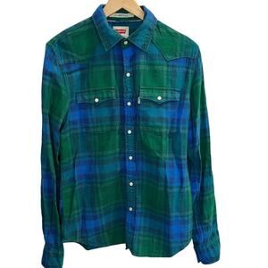 Levis Men's Blue‎ And Green Pearl Snap Flannel Button Down Size Medium Western